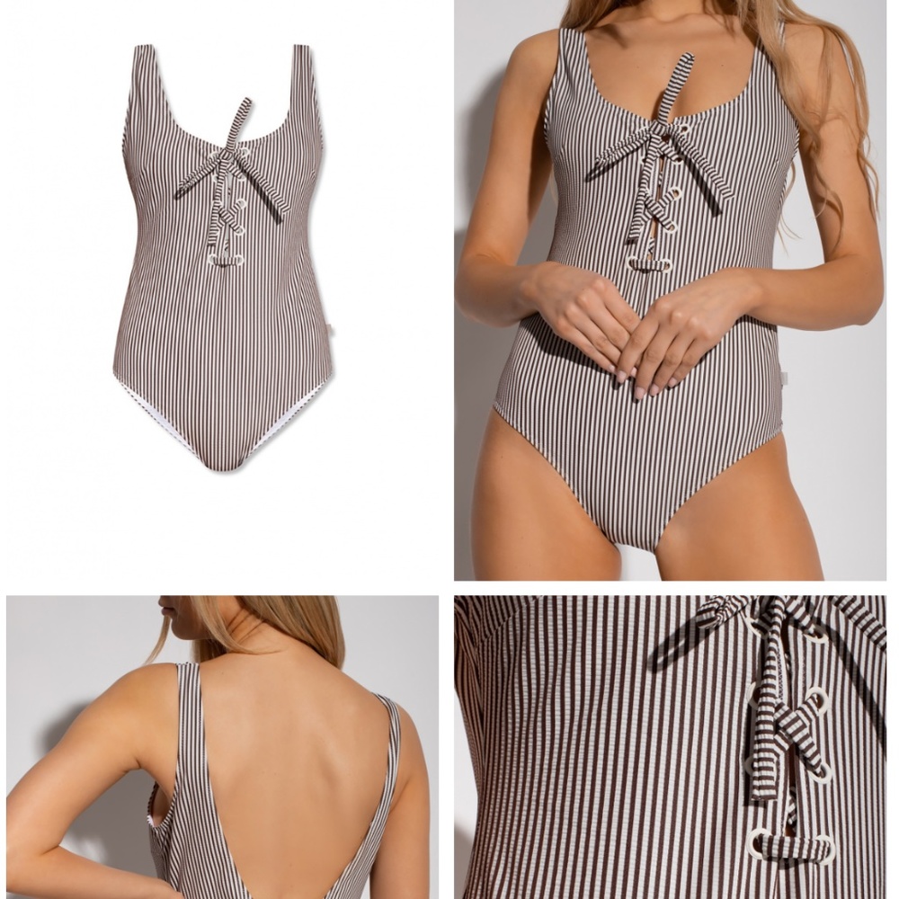 Ganni Brown and White Striped Lace-Up One Piece Swimsuit